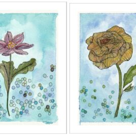 pair of blooms pink and yellow watercolors for sale by artist