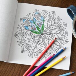 heather's sketchbook coloring book of mandalas with coffee cup and colored pencils